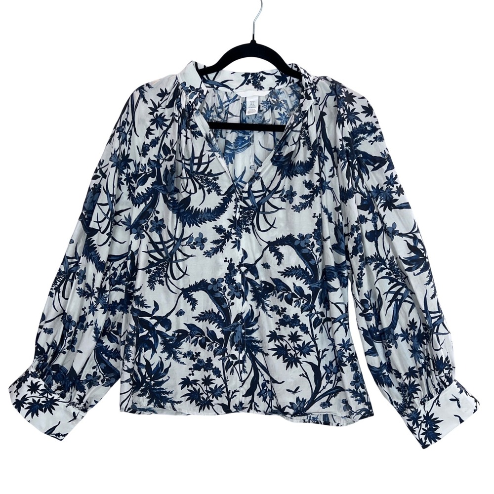 H&M Navy Blue White Floral Toile Poet Sleeve V-Neck Blouse Small READ